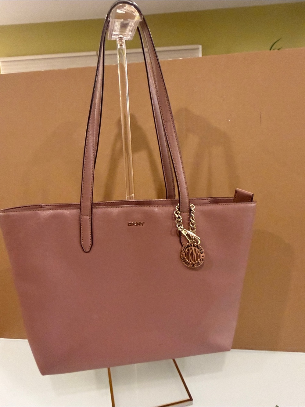 DKNY Mauve Leather Tote with Gold-Tone Charm